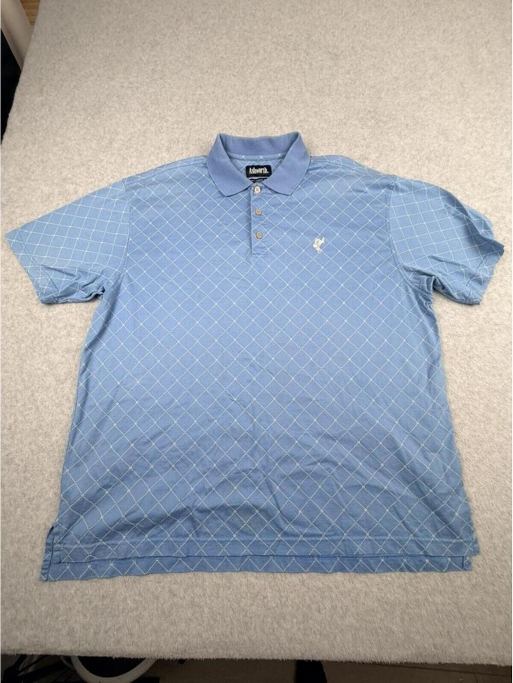 Ashworth Mens Polo Shirt Blue Diamond Pattern Mercerized Cotton Golf Embroidered